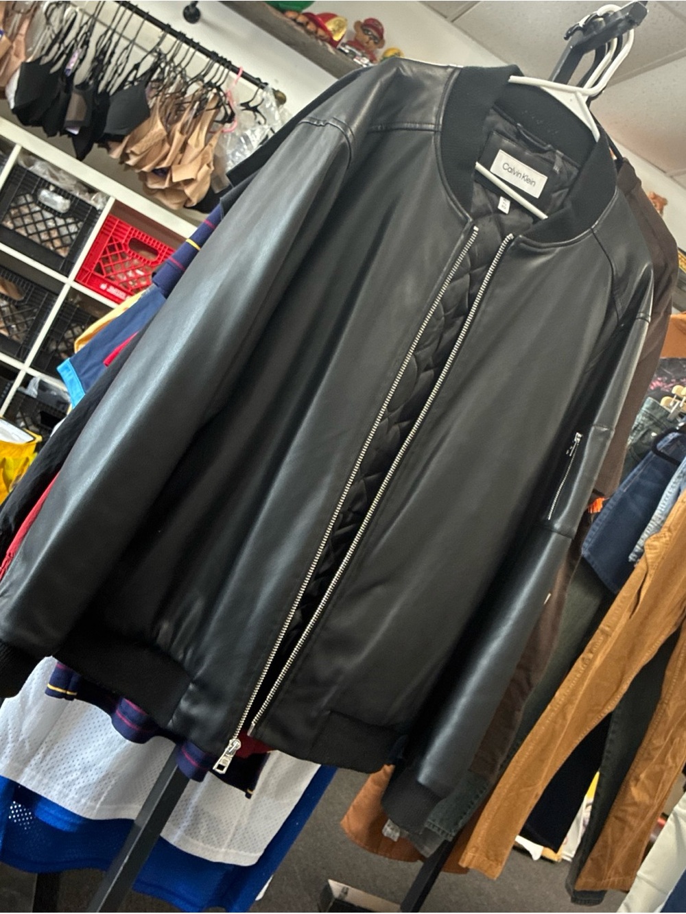 Men’s Calvin Klein Men's Faux Leather Bomber Jacket Pre Owned SZ XL BLK Used